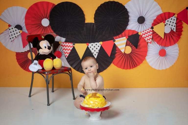 mickey mouse inspired cake smash portrait