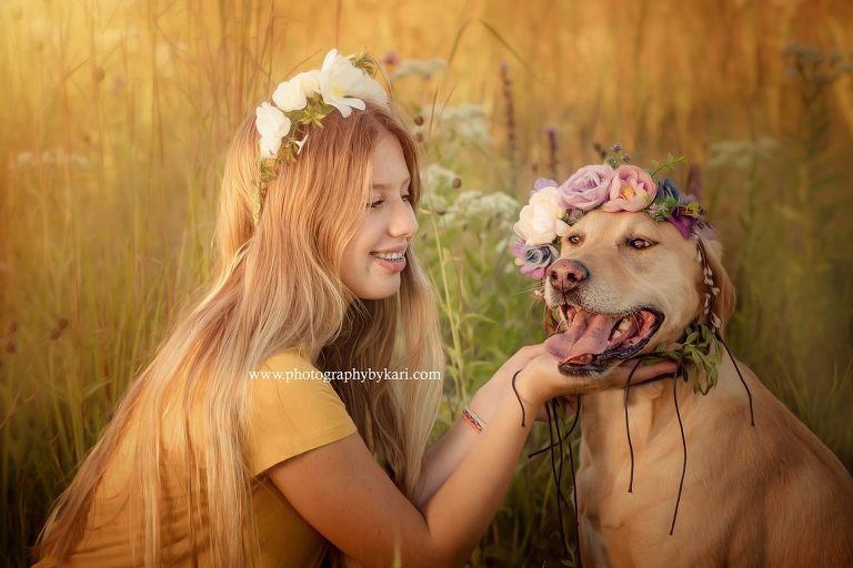 MN Dog Portrait with teen girl and yellow labin field