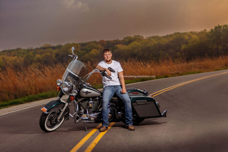 Motorcycle senior  session portrait at golden hour