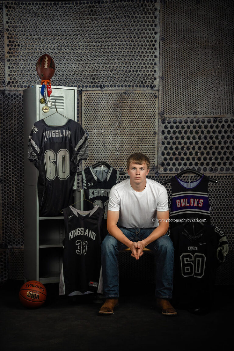 Multisport Kingsland senior athlete portrait with locker setup in Spring Valley MN