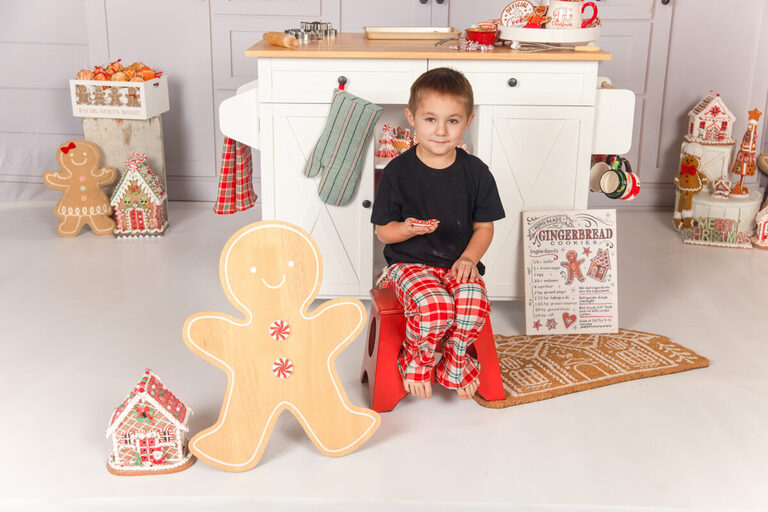 Holiday family photos with gingerbread baking theme by Spring Valley MN photographer