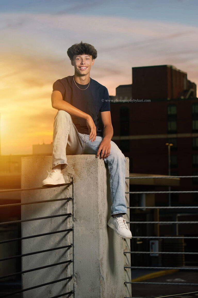 Downtown Rochester Minnesota senior portrait at sunset