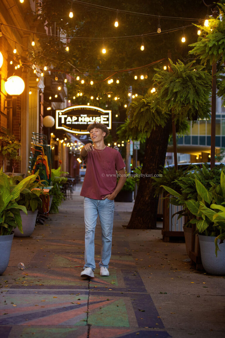 Downtown Rochester Minnesota senior portrait with city lights