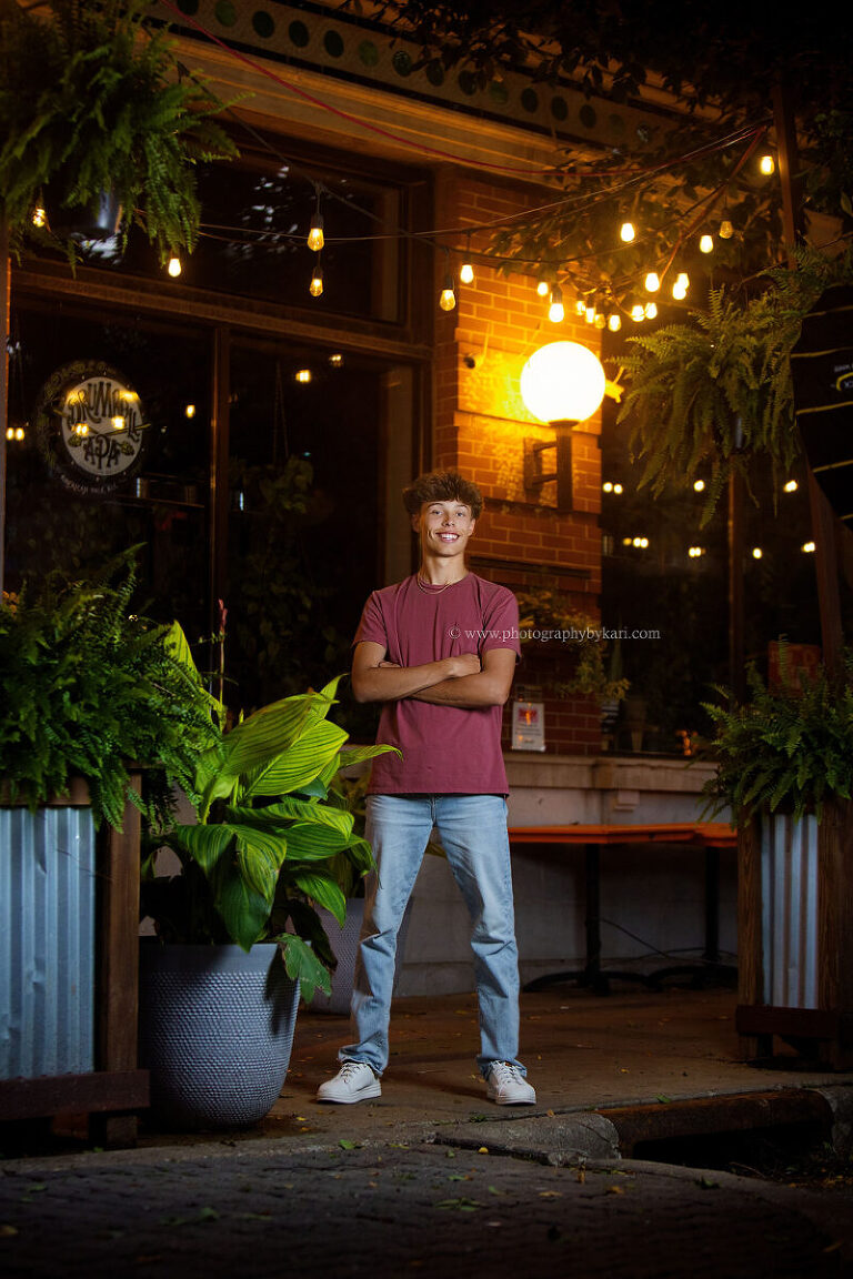 Downtown Rochester Minnesota senior portrait with city lights