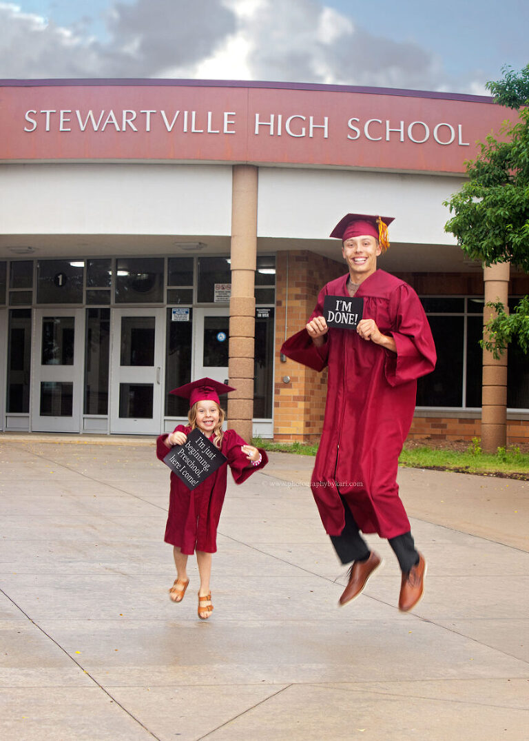 Senior and preschool graduation-themed photo at Stewartville High School