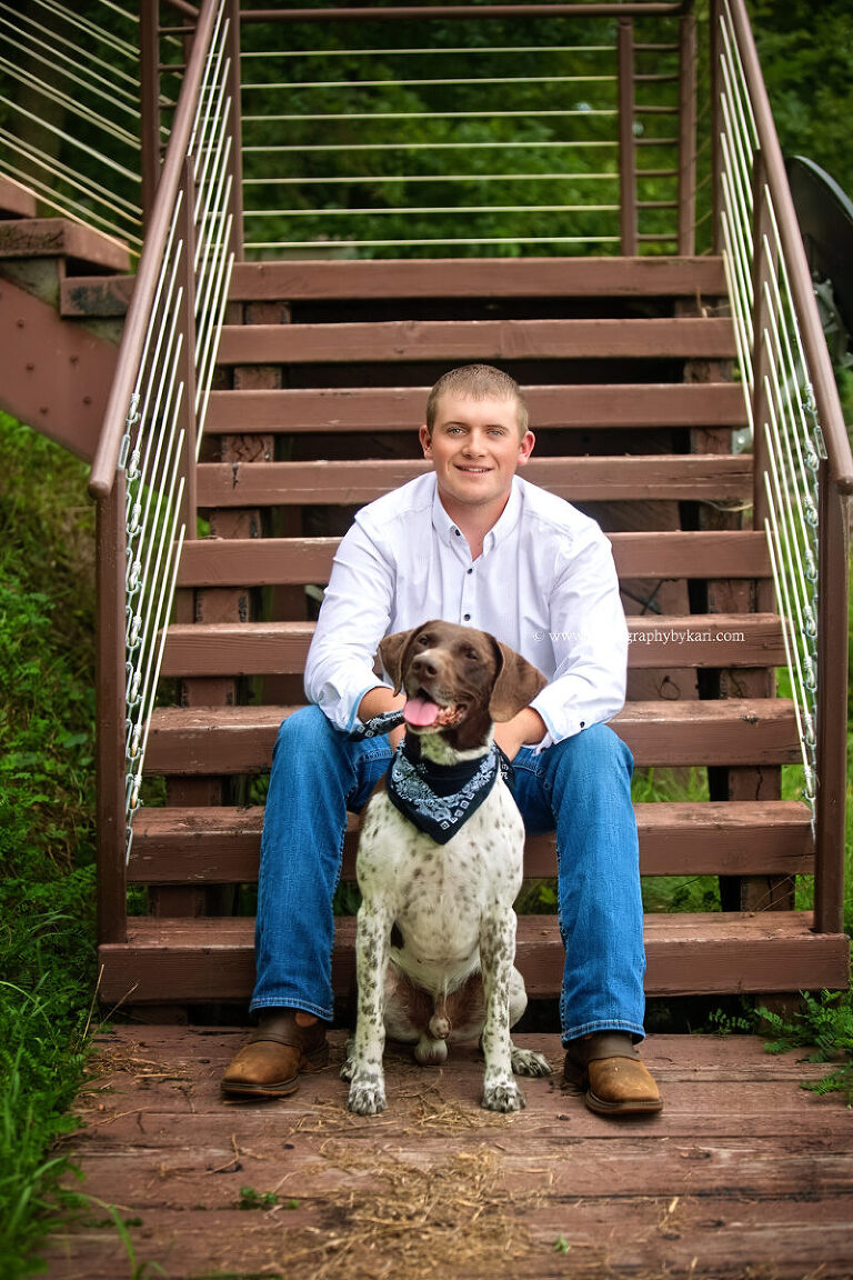 Pine Island senior photos at lake cabin with dog